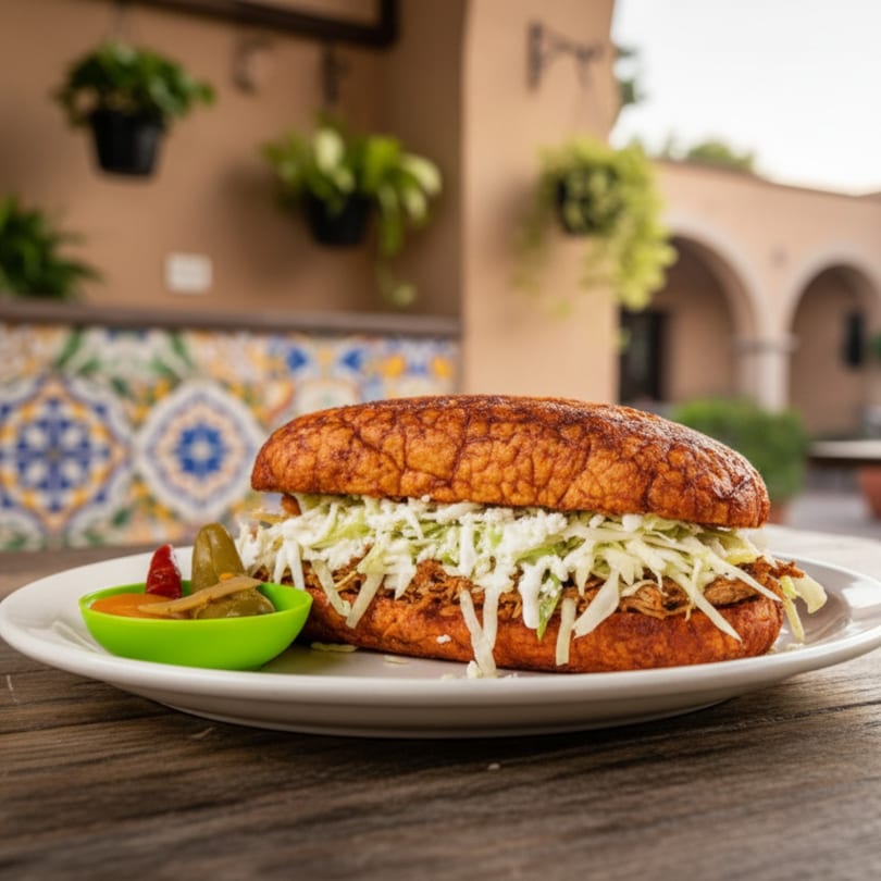 A large Mexican torta sandwich with shredded meat, cabbage, and cheese, served with pickled vegetables.
