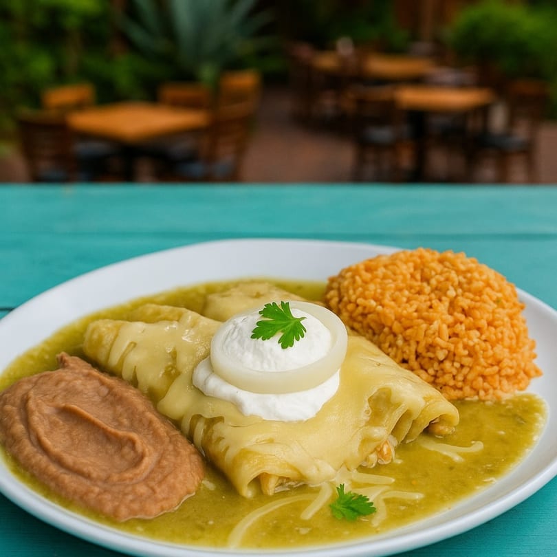 Enchiladas with green sauce, refried beans, and rice on a white plate with an outdoor background.