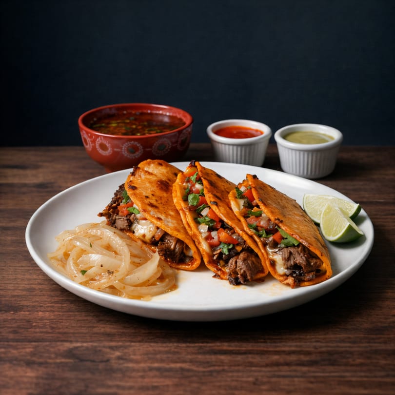 Four birria tacos with melted cheese, pico de gallo, and limes, served with onions and dipping sauces.