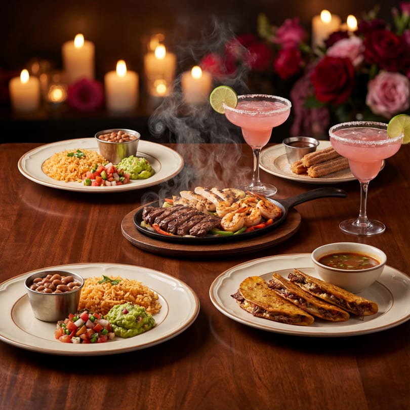 A table laden with sizzling fajitas, tacos, rice, beans, guacamole, and pink margaritas, lit by candles.