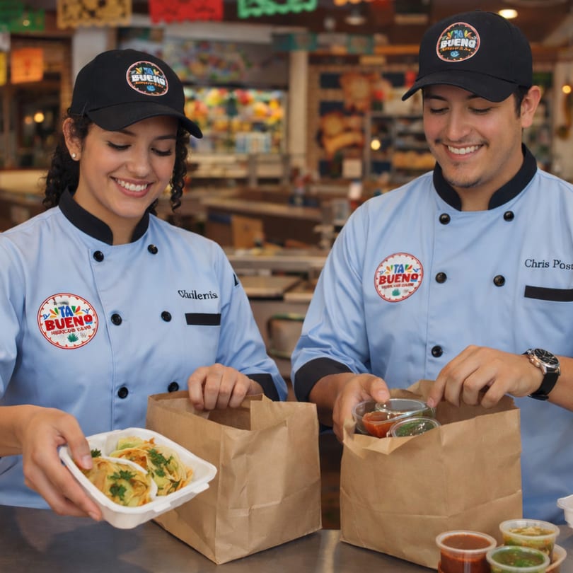 Two smiling Ta Bueno employees in blue chef coats and hats pack tacos and sauces into brown bags.