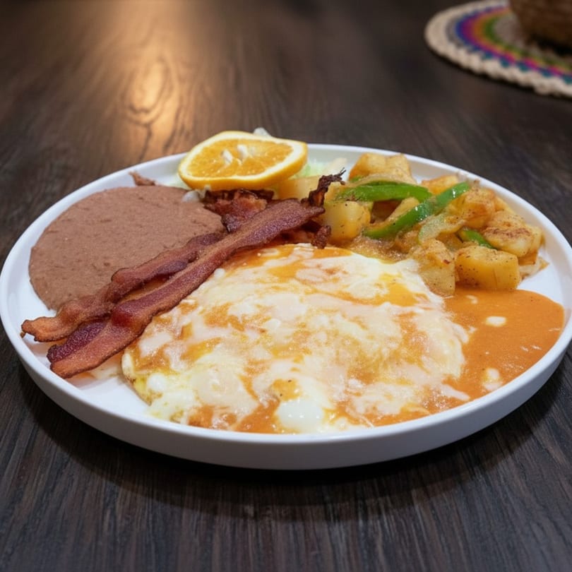 Breakfast plate with fried eggs, bacon, refried beans, home fries, and an orange slice.