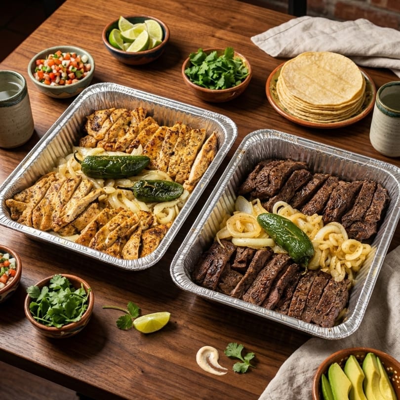 Two foil trays of sliced chicken and steak fajitas with onions, peppers, tortillas, and toppings.